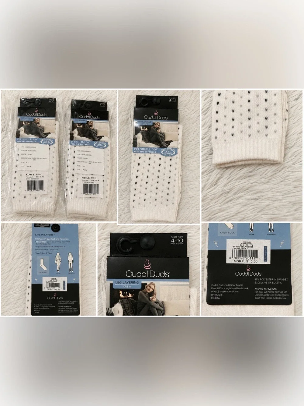 Cuddl Duds Plushfill 360 Leg Layering Crew Socks Ivory Heart Print Size 4-10